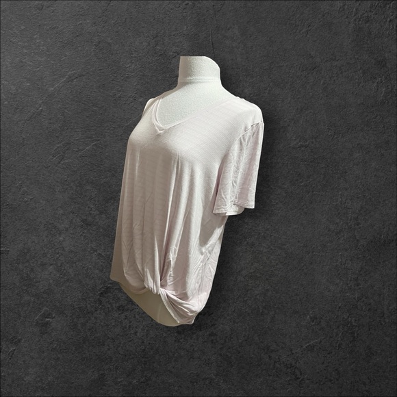 Matty M Ladies' very pale, violet and white stripe V-Neck Twist Front Tee. - Picture 7 of 10